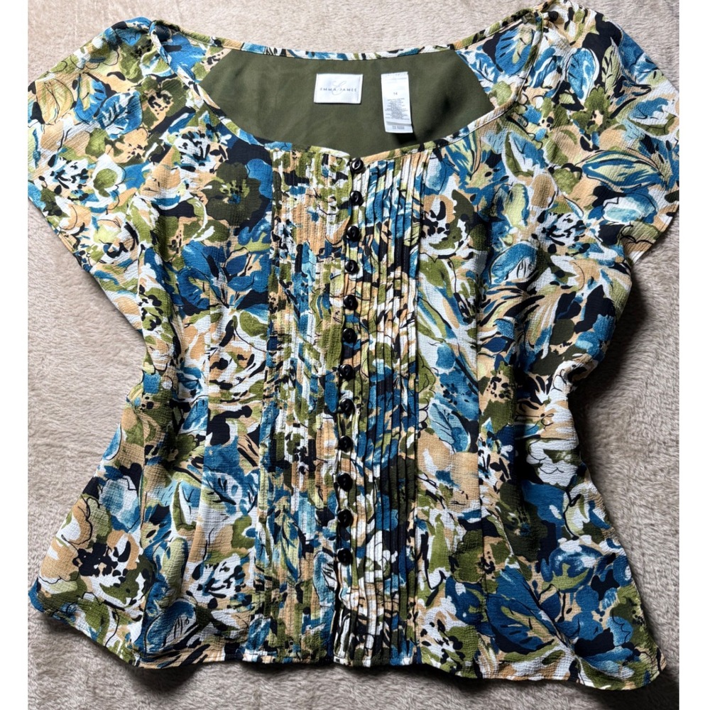Emma James Women  Floral Pleated Button Front Blouse Size 14 Cottagecore Garden